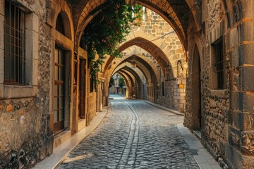 Historic cobblestone street with picturesque archways. Ideal for travel websites or historical articles.