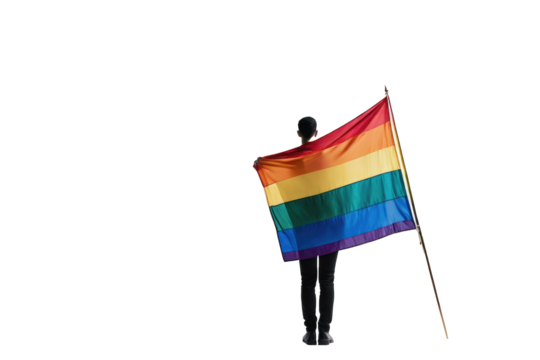 Rainbow flag waving elegantly, full body, solitary presence, isolated against a stark white background, high-resolution stock photo, perfect for inclusivity campaigns