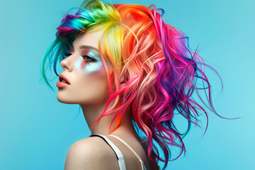 Portrait of a beautiful girl with rainbow neon asymmetric hair style - obrazy, fototapety, plakaty