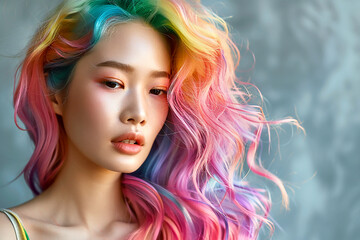 Portrait of a beautiful asian girl with rainbow neon hair style