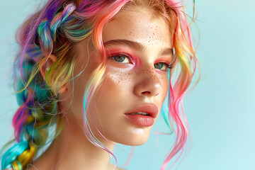 Portrait of a beautiful girl with rainbow neon hair style