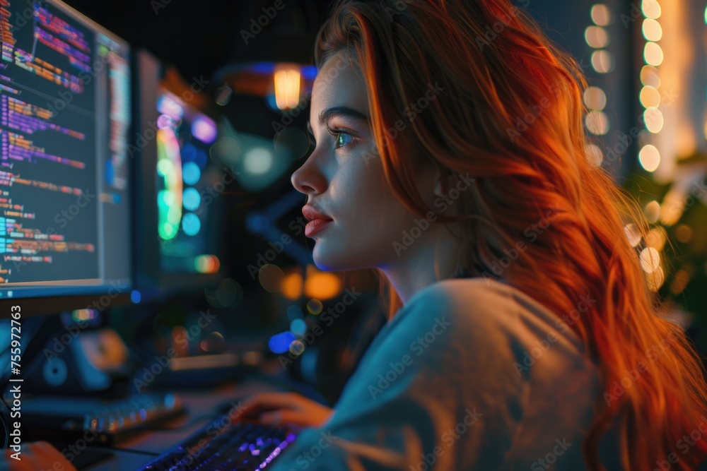 Poster A woman sitting in front of a computer monitor. Perfect for technology concepts.