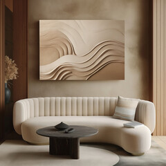 Interior Design Trend: Organic Shapes - creme beige living room with curved sofa and wall art