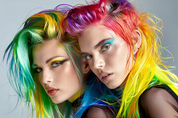 Portrait of two beautiful girl with rainbow neon asymmetric hair style on gray background.