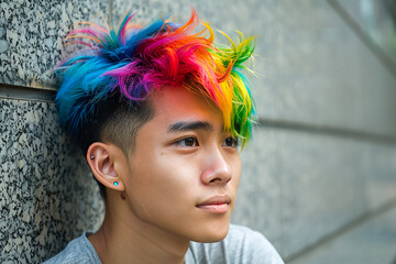 Portrait of a handsome guy with rainbow neon asymmetric hair style