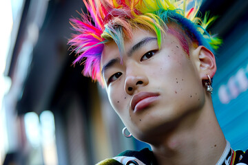 Portrait of a handsome guy with rainbow neon asymmetric hair style