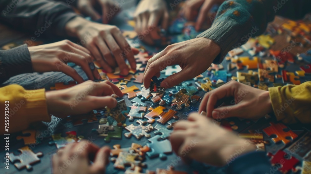 Aufkleber A group of people working together on a puzzle. Suitable for teamwork concepts.
