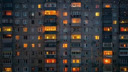 Gordijnen Residential area, panel buildings in Kyiv. Evening, lights on in some windows © Olivia