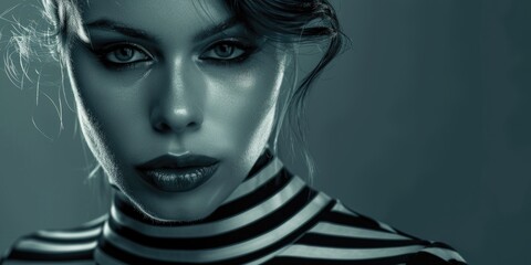 A woman wearing a striped top with black and white makeup. Suitable for fashion or beauty concepts.