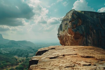 A person standing on top of a large rock. Ideal for outdoor adventure concepts. - obrazy, fototapety, plakaty