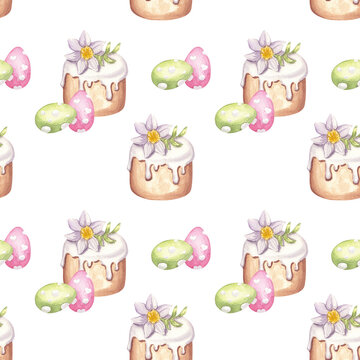 Seamless pattern pink, green eggs hunt. Kulich tradition icing cake, narcissus flower, purple feathers. Happy Easter clipart. Hand-drawn watercolor illustration isolated background