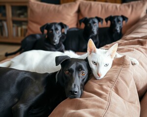 Black dog and white cat relaxed together on a couch.