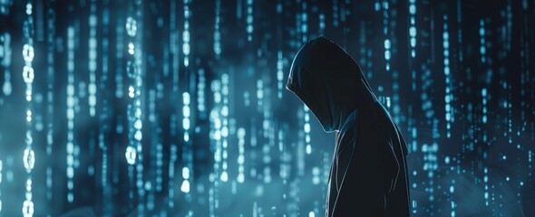 A hooded figure standing in front of binary code symbolizing the darkness and mystery associated with computer hacker culture Generative AI