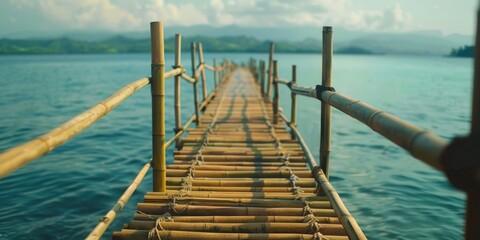 A picturesque view of a long wooden bridge over calm water, ideal for nature and travel concepts.