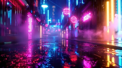 Urban city street at night with vibrant neon lights. Suitable for urban lifestyle or nightlife concepts.