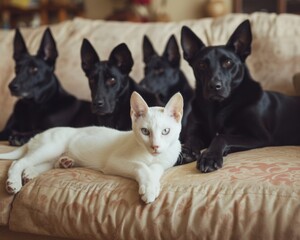Multiple black dogs and a white cat lounging on a couch.