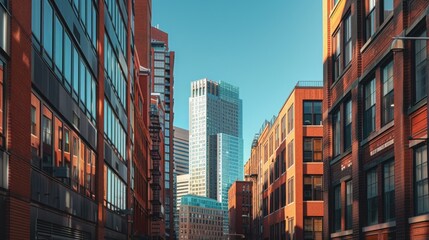 A bustling city street with towering skyscrapers, suitable for urban-themed projects. - obrazy, fototapety, plakaty