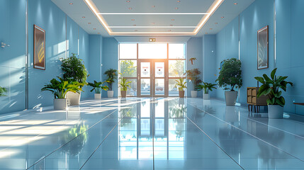 Sunlit office lobby with glossy floor and plant decorations. Architectural interior photography...