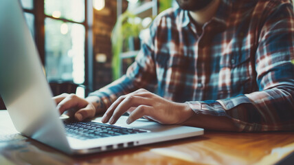 Shot of hands typing on a laptop with an out-of-focus man wearing a flannel shirt	