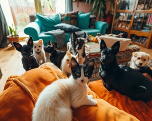 Multiple cats are perched on the backrest of a couch. - obrazy, fototapety, plakaty
