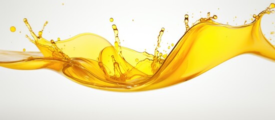 A splash of amber liquid adds a pop of color against a white backdrop. The fluid is vibrant and...