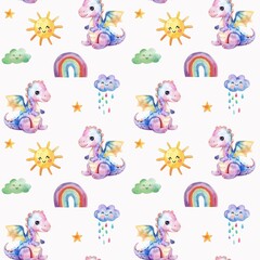 Rainbow seamless pattern with cute dinosaurs in watercolor style, cute dinosaurs with clouds and sunshine 