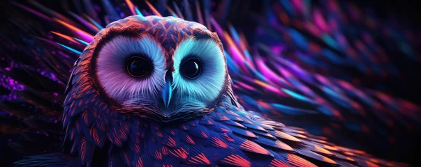 Foto auf Acrylglas Purple neon owl on black background. graphic owl portrait in bright colors © Alena