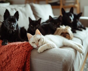 Multiple dogs and cats relax on a couch together.
