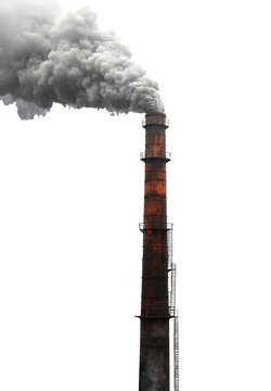 There is smoke coming from a tall old factory chimney with ladders. Transparent isolated background