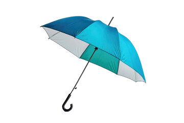 Single umbrella, open, centered isolation against pure white backdrop, focus on ergonomically designed handle and water-repellent fabric, high key lighting, showcasing subtle textures, high resolution