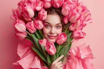 A woman is elegantly holding a bunch of pink flowers, showcasing beauty and admiration for the delicate blooms she is embracing