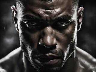 A portrait of a boxing player against a black background, emphasizing the quiet confidence and inner resolve that define their character. 