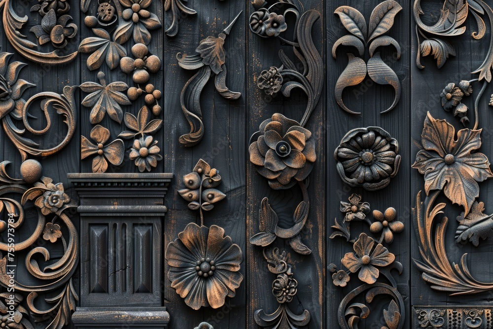 Poster Detailed image of a wooden door with intricate carvings. Suitable for architectural and interior design projects.