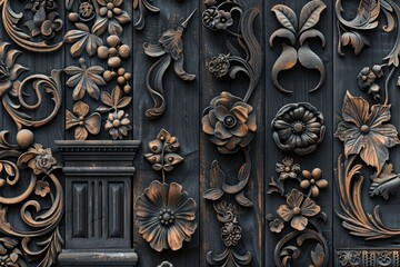 Detailed image of a wooden door with intricate carvings. Suitable for architectural and interior design projects. - Powered by Adobe