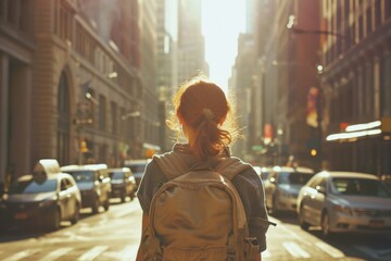 A person with a backpack stands amidst the bustling streets of a city at sunrise.