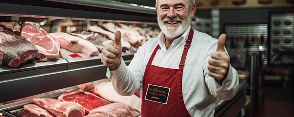 Fotobehang Happy butcher standing with thumbs up in front of a butchers meat in hop. © Alena