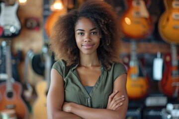 A confident young woman stands arms crossed in a music store filled with guitars.