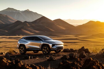 Fototapeta na wymiar A sleek silver SUV is parked in the middle of a barren desert with no signs of life around, under the scorching sun