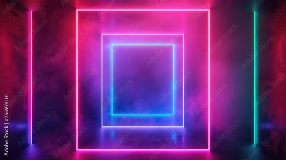 Poster a neon frame glowing in a dark room. ideal for futuristic design projects.