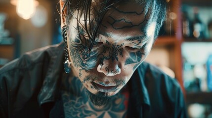 A man with tattoos on his face looking down. Suitable for edgy and alternative themes. - obrazy, fototapety, plakaty