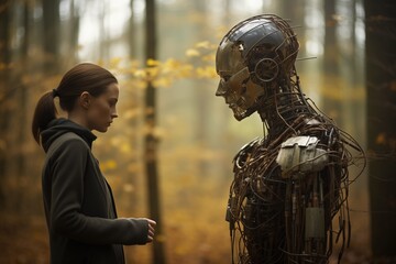 Fototapeta na wymiar A woman standing next to a robot in a dense forest setting.