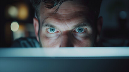 Caucasian man with face lit by a laptop screen looking up with half his face blocked by the top of the laptop
