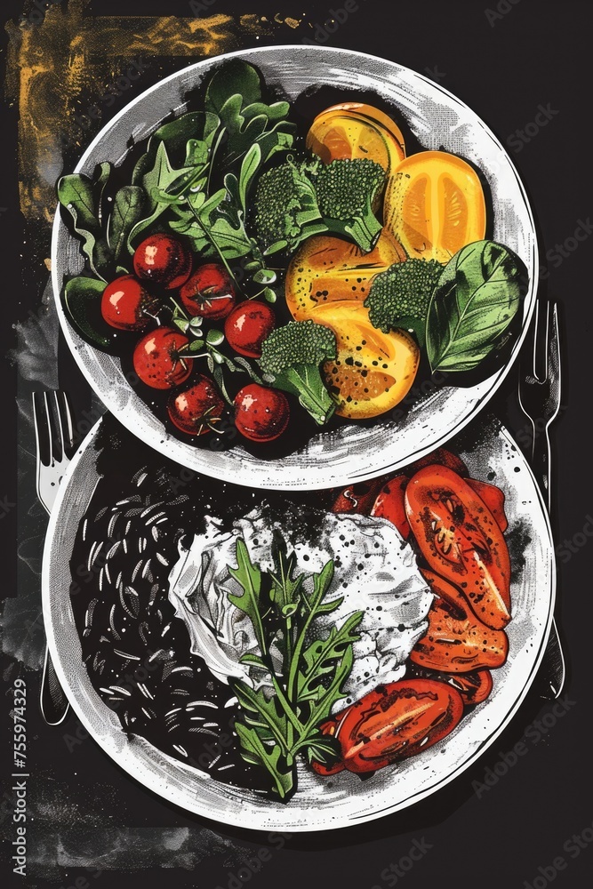 Poster A simple table setting with two plates of food. Perfect for food bloggers or restaurant websites.