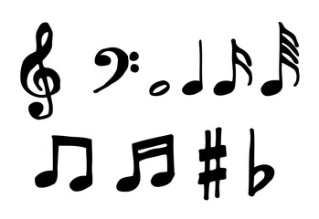 Isolated set of ten base music icons and symbols, handdrawn: treble clef, bass clef, various kinds of notes, sharp, flat. Black and bold.
