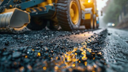 Close up of a construction vehicle on a road. Suitable for construction and transportation concepts.