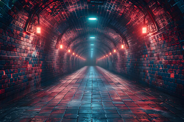 Red illuminated brick tunnel. Atmospheric architecture photography. Mystery and adventure design concept, Empty underground background with lighting with space for text or product