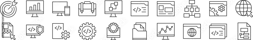 Poster collection of thin signs of programming. editable stroke. simple linear illustration for stores, sho