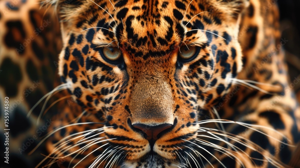 Poster close up of a leopard's face with a blurry background. suitable for wildlife and nature concepts.