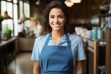A woman wearing a blue apron stands in a kitchen, preparing food or cooking. The kitchen is...