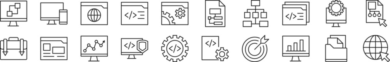 Bundle of linear symbols of programming. Editable stroke. Linear symbol for web sites, newspapers, articles book